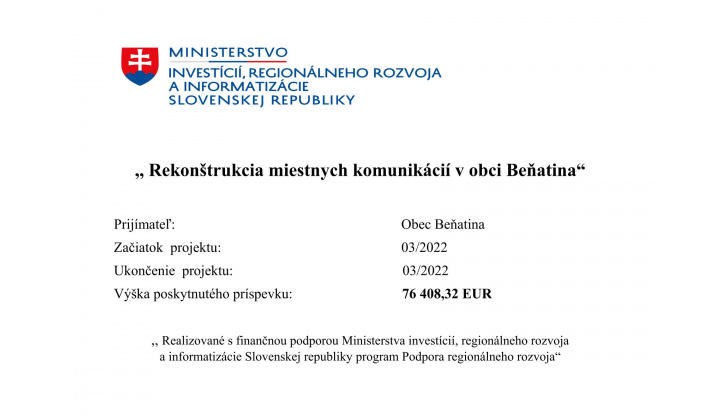 Rekonštrukcia miestnych komunikácii v obci Beňatina 